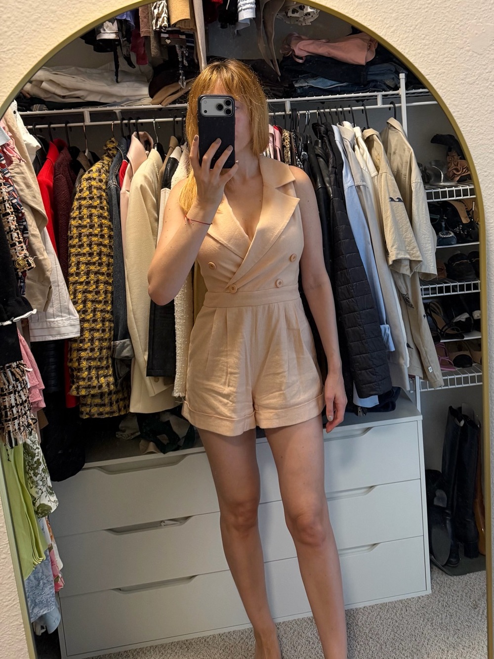 Alice + Olivia Sleeveless Double-Breasted Beige Romper